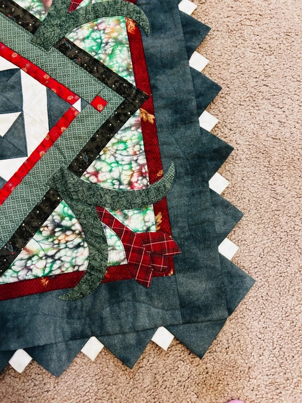 Spinning Crocus Handmade Green and Red Quilted Decorative Wall Hanging 25” SQ.